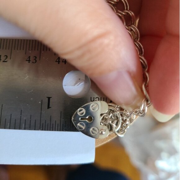 Vintage Double Curb Link Heart Padlock Key Charm Sterling Silver Chain Bracelet - Picture 7 of 11